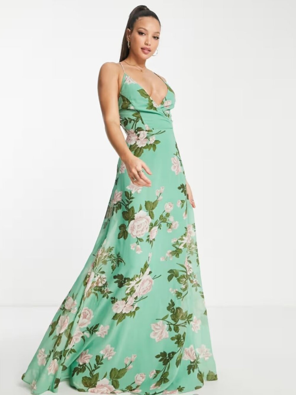 ASOS Design Tall Sage Floral Cami Wrap Maxi Dress Lace-Up Back